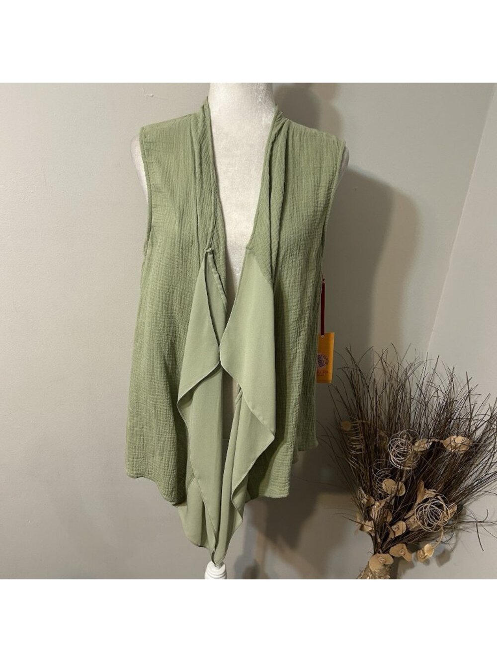 NWT RUBY RD OPEN DRAPED VEST OLIVE GREEN GUAZE 100% COTTON CONTRAST CHIFFON SZ M